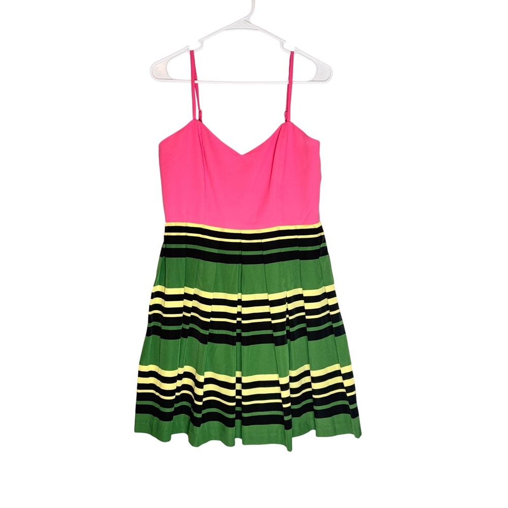 Minuet Fit & Flare Mini Dress Womens Large Pink Green Yellow Striped